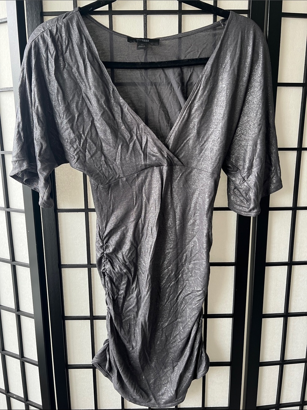 Express Shimmery Gunmetal Surplice Midi Dress